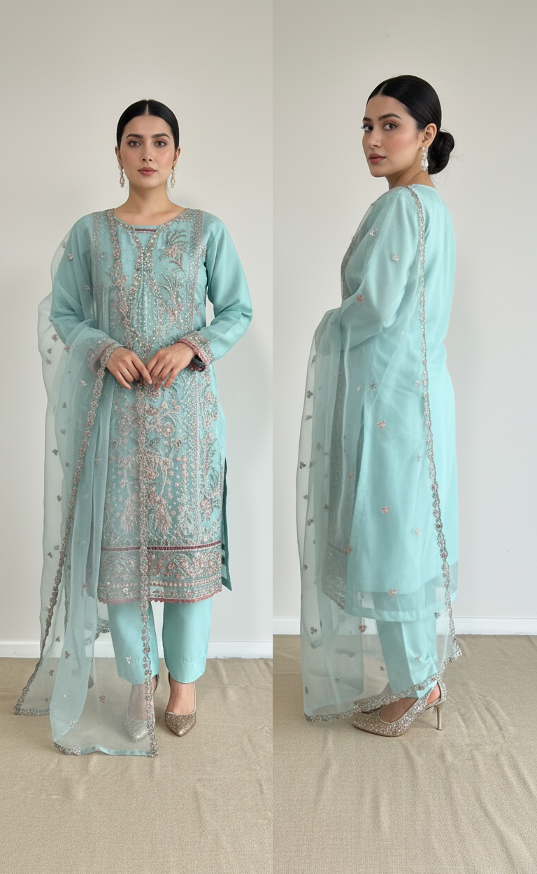 3 Piece- Embroidered Organza Suit S127