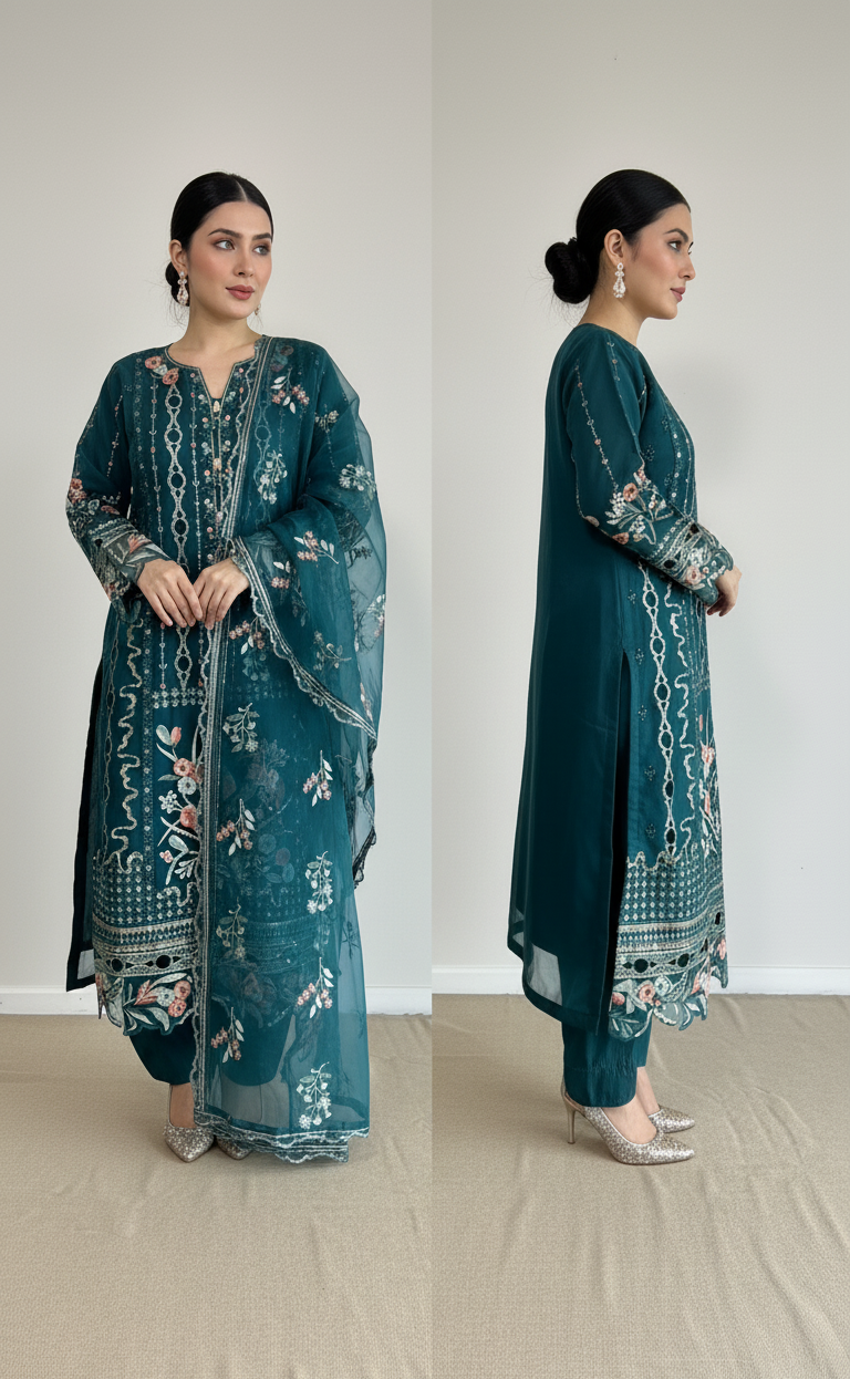 3 Piece- Embroidered Organza Suit 117